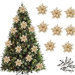 Leixi 12Pcs Christmas Poinsettia Flower Artificial Pointsettia with Clips Christmas Glitter Poinsettia Ornaments Christmas Tree Flower Decorations, DIY Xmas Wreath Holiday Party Decor (Gold)