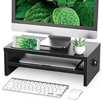 RFIVER Wood Monitor Stand Riser-Desk Riser with Smart Phone Holder-Computer Monitor Stand with Cable Management-Monitor Shelf for Laptop, iMac, PC, 2 Tiers TV Riser Black