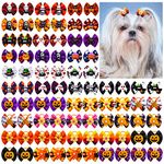 80pcs Halloween Small Dog Hir Bows, Dog Bows with Rubber Bands, Bulk Dog Tiny Bows, Handmade Halloween Elements Pet Puppy Yorkie Dog Hair Bowknot Grooming Accessories Supplies (A268+HL013)