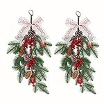 2 Pack Christmas Teardrop Swags 22 inch Christmas Wreath Decoration Swags with Pine Cone Red Berry Ribbon Bow for Front Door Wall Hanging Farmhouse Home Decoration Ornaments