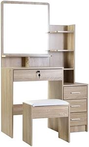 Artiss Dressing Table Mirror and Stool, Wooden Vanity Makeup Table Set with Drawers and Open Shelves