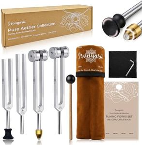 Pure Aether Tuning Forks Set with Gem Foot and Stand Base - 128Hz, 136.1Hz, 432Hz, 528Hz Weighted & Unweighted Forks for Meditation, Yoga, Chakra Balancing - 10 Piece Wellness Kit