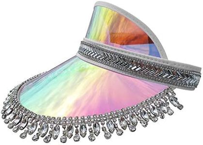 Nicky Bigs Novelties Hanging Gem Fringe Music Festival Sun Visor Hats - Tennis Beach Golf Bling Visors - Iridescent Jeweled Mirrored Visor Hat - Bride to Be Hats