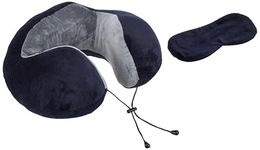 amazon basics Premium Travel Neck Pillow + Sleeping Eye Mask Combo with Portable Bag| Ergonomic | Orthopedic Support | Super Soft Fabric | Ideal for Flight, Car & Travel Comfort (Navy Blue & Gray)