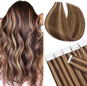 SEGO Hair Extensions Tape in Real Human Hair 20 Inch 20pcs 50g Straight Balayage 100% Remy Seamless Skin Weft Invisible Rooted Double Sided Tape Hair for Women-Medium Brown&Dark Blonde