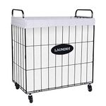 Mxfurhawa Iron Wire Laundry Hamper With Rolling Lockable Wheels, Folding Laundry Storage Basket with Handles,Liner, Collapsible Dirty Laundry Hamper Cart Sorter Clothes Basket (81-B)