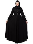 Muslim Closet Women Polyester Umbrella Casual Style Abaya With Adjustible Belt And Fashionable Buttons Bell Sleeves In Nida Matte Fabric, Black,58