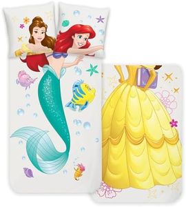 Parure de lit réversible Disney Princess Suit-Up Ariel et Belle - 2 motifs - 135 x 200 cm + 80 x 80 cm - 100 % coton renforcé de qualité - YKK La Belle et la Bête - Ariel la Sirène