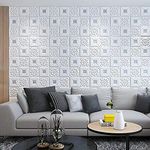 Golden Cart Ceiling Wallpaper (3 Pcs) 3D Foam Wallpaper Sticker Panels I Ceiling Wallpaper for Living Room Bedroom Foam Tiles (Square Design, Silver on White Colour, 3 Pieces, 70x70 cm Each)