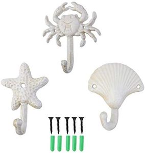 ZILucky Set of 3 Starfish Seashell Crab Cast Iron Decorative Wall Hooks Coats Aprons Hats Towels Hooks Beach Ocean Theme Chic Metal Hooks (White)