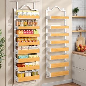 8-Tier Pantry Door Organizer, Over the Door Pantry Organizer with Wooden Adjustable Baskets, 2 IN 1 Spice Rack Wall Mount or Door Organizer, Door Spice Rack for Pantry(72.6×17.1×5.1in,White)