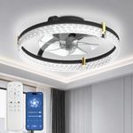 Airwit Low Profile Ceiling Fan with Lights, Flush Mount Ceiling Fan with Remote for Bedroom, Small Bladeless Ceiling Light Fan, 6 Speeds, Dimmable LED, Black