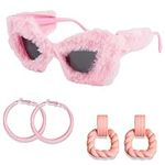 LaVenty Pink Cat Eyes Fuzzy Sunglasses Fur Top Crazy Sunglasses For Women Man Velvet Eyewear Sunglasses Furry Earrings