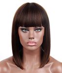 Foreign Holics 20 Inches Short Dark Brown Bob Wigs Straight with Bangs Slightly Curved Hair Ends Synthetic Hair Cosplay Daily Party Wig for Women Natural As Real Hair Black (16864# 27a)