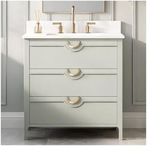 TILE & TOP Yulan 30" Single Bathroom Vanity, 30.5" W x 21.5" D x 34.5" H, Pure White Quartz Top with Sink & Backsplash, Sage Green, Solid Wood, Pre-Assembled, 3 Soft-Close Drawers, Adjustable Feet