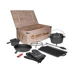 TP Premium BBQ Set, Dutch Oven 9 Pieces, Fire Pot, Roasting Pan, Cast Iron Frying Pan, Kettle and Barbecue Accessories, Ideal for Campfires, Outdoor and Camping, Gift Set with Wooden Box