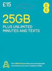 EE 25GB Data Sim includes £15 pre-paid credit, 25GB Data, Unlimited Minutes & Unlimited Texts