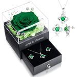 Preserved Real Rose with Necklace Earrings Set, Eternal Rose Flowers Gifts for Anniversary Birthday Valentine's Day Mothers Day Christmas (Green)