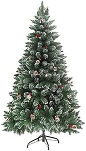 6ft Artificial Christmas Tree Flocked Snow Trees PVC Fraser Fir ,for Chritmas Home Decoration with Decor Pine Cones, Berries, Metal Hinge& Foldable Base, for Xmas Holiday, Indoor, Office, Easy Set Up