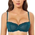 DOBREVA Women's Sexy Lace Balconette Bra Unlined Underwire Open Half Cup Bra See Through Sheer Balcony Bra Spruce Green 36C