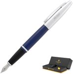 Cross Fountain Pen | Engraved Cross Calais Fountain Gift Pen with Case - Blue Lacquer Finish with Chrome Trim. Starter Ink & Gift Box Included.