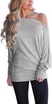 Lacozy Womens Off The Shoulder Sweatshirts Oversized Batwing Sleeve Loose Pullover Sweaters Tops Light Gray XL