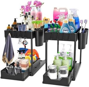 Gominimo 2 Packs 2-Tier Under Sink Organizer Shelf with 8 Hanging Hooks and 2 Cup Holders, Easy Assembly, Ideal for Kitchen, Bathroom, Bedroom Storage, Black