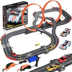 Slot Car Race Track Sets,2 in 1 Race Car Track with 4 High-Speed Slot Cars，Gift Toy for Boys Kids Ages 5 6 7 8-12,Battery or Electric Cars Track,Dual Racing Game Lap Counter Circular Overpass Track
