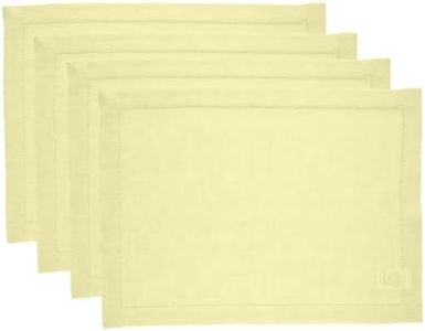 Solino Home Linen Placemats 14 x 19 Inch – 100% Pure Linen Hemstitch Butter Yellow Placemats Set of 4 – Milan, Cloth Fabric Placemats