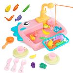 Kitchen Sink Toys with Running Water Kids Play Kitchen Accessories with Automatic Water Circulation Tableware Accessories Vegetable Fruit Fishing Games Gift for Girls and Boys (Pink)