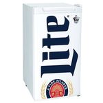 Miller Lite Compact Fridge w/Bottle Opener, 3.2 cu ft (90L), White, Space-Saving Flat Back Design, Reversible Door, Tempered Glass Shelves, Licensed Miller Lite Artwork, Perfect for Beer-Lovers