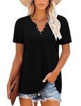 BETTE BOUTIK Solid Blouse Loose Short Sleeve Blouse for Women Casual V-Neck Blouses（Black，Large）