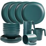 Shopwithgreen Unbreakable Plastic Plates and Bowls Set, 16 PC Lightweight Dinnerware Service for 4 (Square Dishes, Bowls, Mugs), BPA-Free, Microwave & Dishwasher Safe(Green)