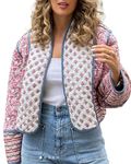 Fylovery Women's Short Puffer Jacket Floral Print Stand Collar Open Front Quilted Coat Fall Winter Long Sleeve Padded Jacket Outerwear (A-Pink, M)