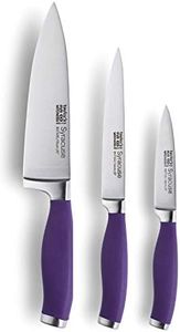 Taylors Eye Witness Syracuse Kitchen Knife 3pce Set - Paring 8cm/3.5”, Chefs 15cm/6” & Cooks All Purpose 13cm/5” Cutting Edge. Ultra Fine, Razor Sharp Blade. Soft Textured Grip Purple Colour Handle
