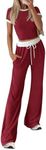 BTFBM Womens 2 Piece Outfits Summer Casual Short Sleeve Crew Neck Cropped Tops Elastic Waist Wide Leg Pants Lounge Set(Wine Red, XX-Large)