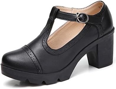 DADAWEN Women's Leather Classic T-Strap Platform Chunky Mid-Heel Mary Jane Square Toe Oxfords Dress Pump Shoes Black US Size 8.5