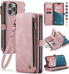 Defencase Wallet Case Compatible with iPhone 12 Pro Max with RFID Blocking Card Holder for Women Men, PU Leather Magnetic Snap Flip Zipper Strap Phone Case Suitable for iPhone 12 Pro Max, Rose Pink