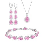 LMXXVJ Pink Teardrop Cubic Zirconia Jewelry Set White Gold Plated Necklace Long Earrings Bracelet Jewelry for Women