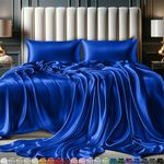 DECOLURE Satin Sheets Full Size Set 4 Pcs - Silky & Luxuriously Soft Satin Bed Sheets w/ 15 inch Deep Pocket - Double Stitching, Wrinkle Free (Blue)