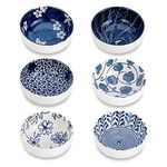 Swuut Japanese Style Ceramic Pinch Bowls,3 Inch Dipping Bowls Set Side Sauce Cups,Dishes for Sushi,Snack and Soy,BBQ,2.5 Oz Blue and White Mini Bowls for Kitchen Prep - Set of 6