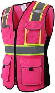 HoliSecure Safety Vest for women, Hi vis Reflective Lady Work vest With 9 Multi Pocket And Zipper, Pink, X-Small