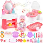 deAO Baby Doll Set 24 Pcs Baby Doll Accessories Set with Doll, Miniature Baby Toilet, Bathtub and Bathroom Vanity with Mirror, Pretend Play Baby Doll Toys with Bath and Feeding Accessories for Kids