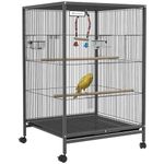 PawHut Bird Cage, Budgie Cage, Parrot Cage, with Rolling Stand, Stainless Steel Bowls, Swings, Removable Tray for Small Parrot, Budgie, Lovebird - Grey