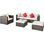 Tangkula 6 PCS Patio Rattan Sectional Furniture Set, Outdoor Wicker Conversation Set with Glass Coffee Table Sofa Ottoman, Wicker Sofa Set with Back & Seat Cushion for Backyard Garden (White)