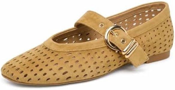 GORZADEUL Women's Tan Suede Square Toe Mesh Mary Jane Ballet Flats