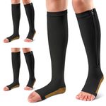 Ailaka 3 Pairs Compression Socks with Zipper, 15-20 mmHg Medical Knee High Compression Support Socks for Men Women, Black Copper Zip Socks Varicose Veins, Edema, Recovery, Pregnant, Nurse