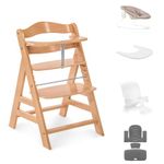 hauck Alpha+ Economy Bundle, Beech Natural - Wooden High Chair from Birth to 99 Years - Grow Along Highchair with Newborn Bouncer, Baby Seat Reducer, Seat Pad and Click On Tray