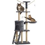 Milo & Misty Cat Tree – 146cm Cat Tower with Sisal Scratching Posts, Multi Level Cat House, Large Cat Climbing Frame with House, Ladder and Hammock for Indoor Cats and Kittens – Grey