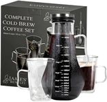 Ice Coffee Cold Brew Maker – 50 oz/1.5L Glass Carafe with Stainless Steel Infuser & Spout, Includes 2 Double Wall Insulated Glasses & Cleaning Brush – Perfect for Iced Coffee & Tea Lovers